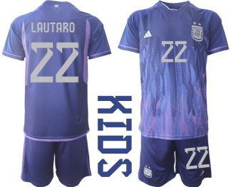 Otroški Nogometni dresi Argentina Gostujoči SP 2022 Kratek Rokav + Kratke hlače LAUTARO 22