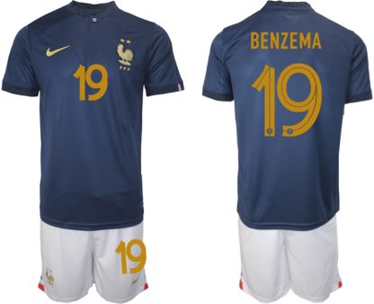 Moški Nogometni dresi Francija Domači SP 2022 Kratek Rokav + Kratke hlače BENZEMA 19