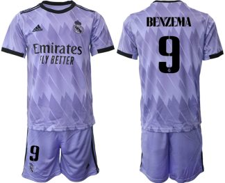 Moški Nogometni dresi Real Madrid Gostujoči 2023 Kratek Rokav + Kratke hlače BENZEMA 9