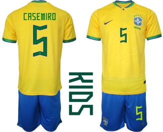 Otroški Nogometna dresi kompleti Brazilija Domači SP 2022 tisk CASEMIRO 5