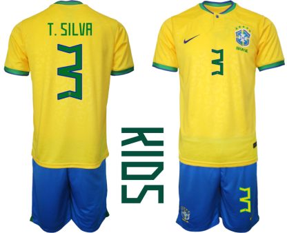 Otroški Nogometna dresi kompleti Brazilija Domači SP 2022 tisk T.SILVA 3