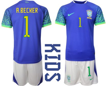 Otroški Nogometni dresi Brazilija Gostujoči SP 2022 Kratek Rokav + Kratke hlače A.BECKER 1