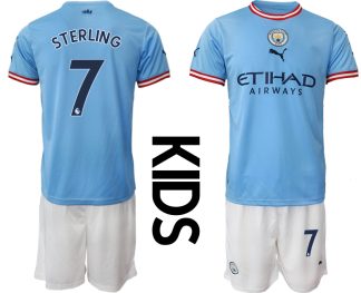 Otroški Nogometni dresi Manchester City Domači 2023 Kratek Rokav + Kratke hlače STERLING 7