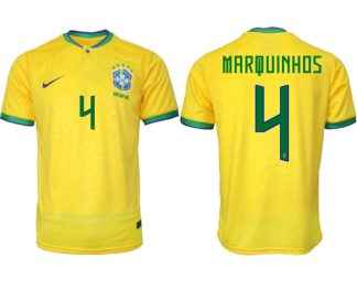 Moški Nogometni dresi Brazilija Domači SP 2022 Kratek Rokav MARQUINHOS 4