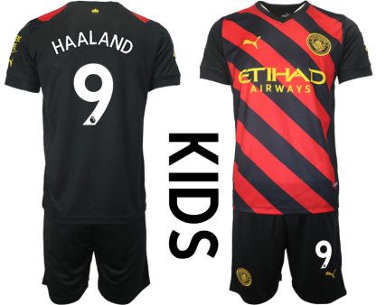 Otroški Nogometni dresi Manchester City Gostujoči 22-23 Kratek Rokav + Kratke hlače HAALAND 9