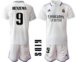 Otroški Nogometni dresi Real Madrid Domači 2023 Kratek Rokav + Kratke hlače BENZEMA 9