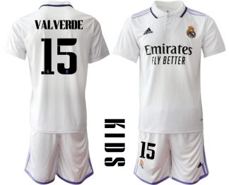 Otroški Nogometni dresi Real Madrid Domači 2023 Kratek Rokav + Kratke hlače VALVERDE 15