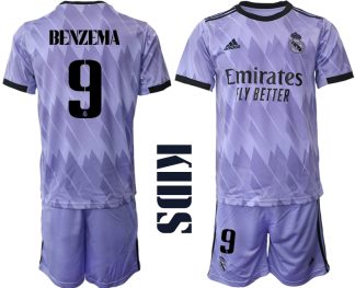 Otroški Nogometni dresi Real Madrid Gostujoči 2023 Kratek Rokav + Kratke hlače BENZEMA 9