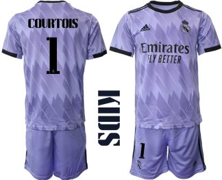 Otroški Nogometni dresi Real Madrid Gostujoči 2023 Kratek Rokav + Kratke hlače COURTOIS 1