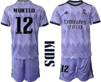Otroški Nogometni dresi Real Madrid Gostujoči 2023 Kratek Rokav + Kratke hlače MARCELO 12