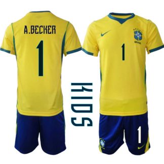 Najcenejši Otroški Nogometni dres komplet Brazilija Alisson Becker #1 Domači SP 2026