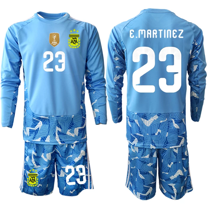 Najcenejši Otroški Vratarski dres kompleti Argentina SP 2026 Emiliano Martinez #23 modra Dolgi rokav (+ hlače)